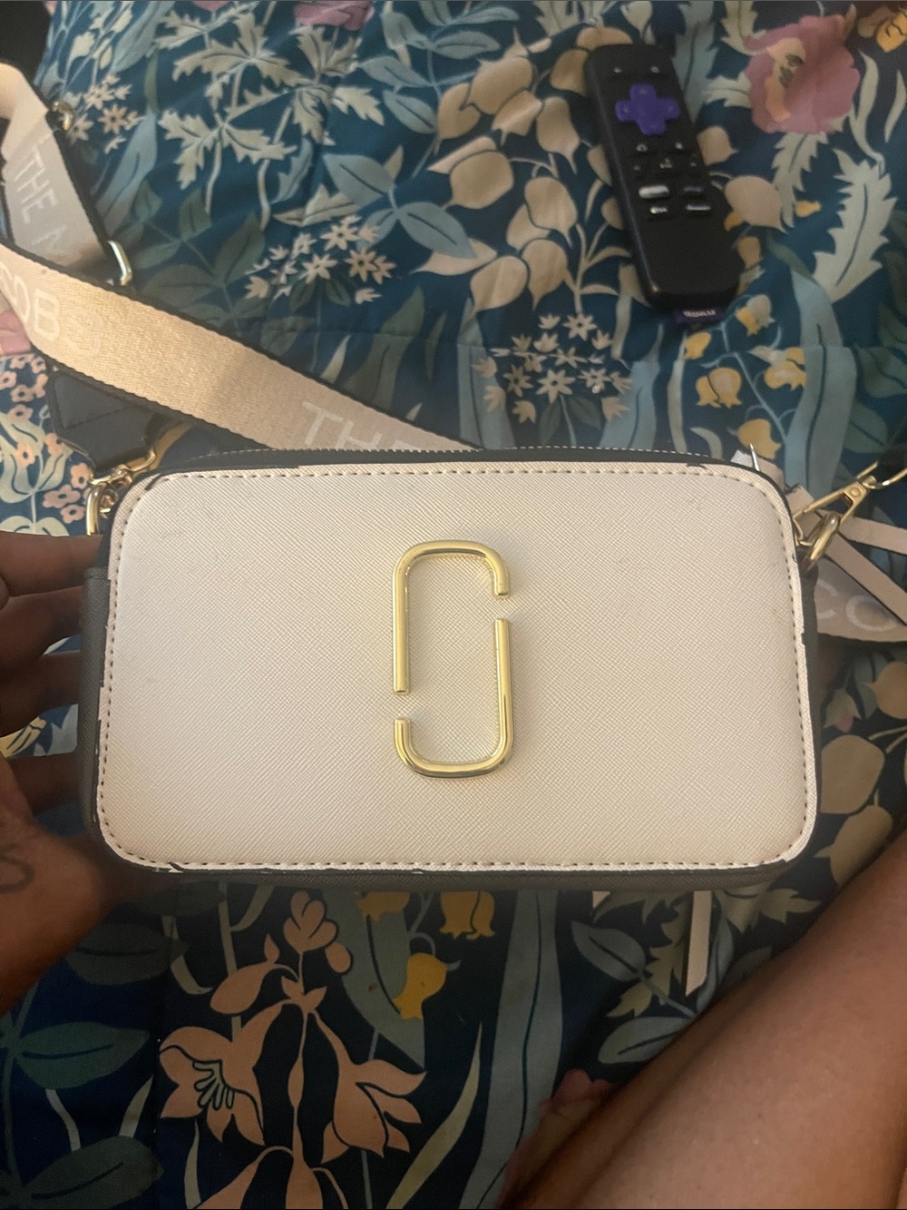 Marc Jacobs Cream and Black Snapshot Crossbody with Gold Hardware
